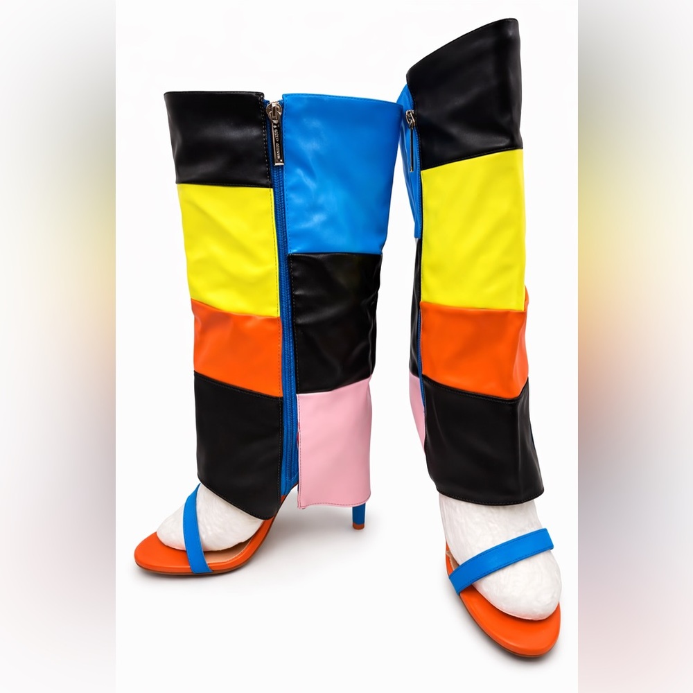 Cape Robbin Colorblock Knee High Boots Open Toe Patchwork Heels Women Sz 10 NWT - Picture 2 of 3